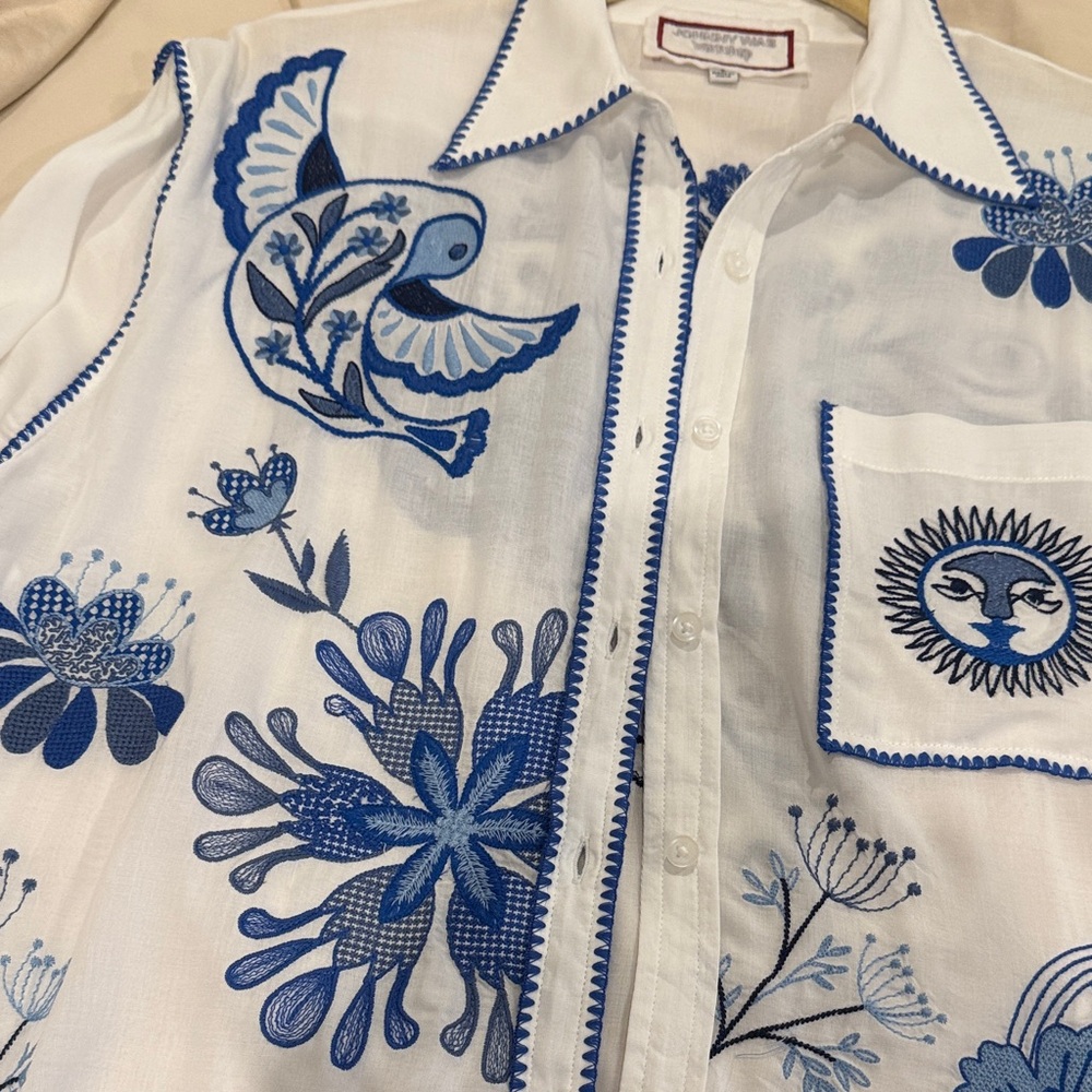 Johnny Was White Shirt with Blue Embroidery - Picture 11 of 15